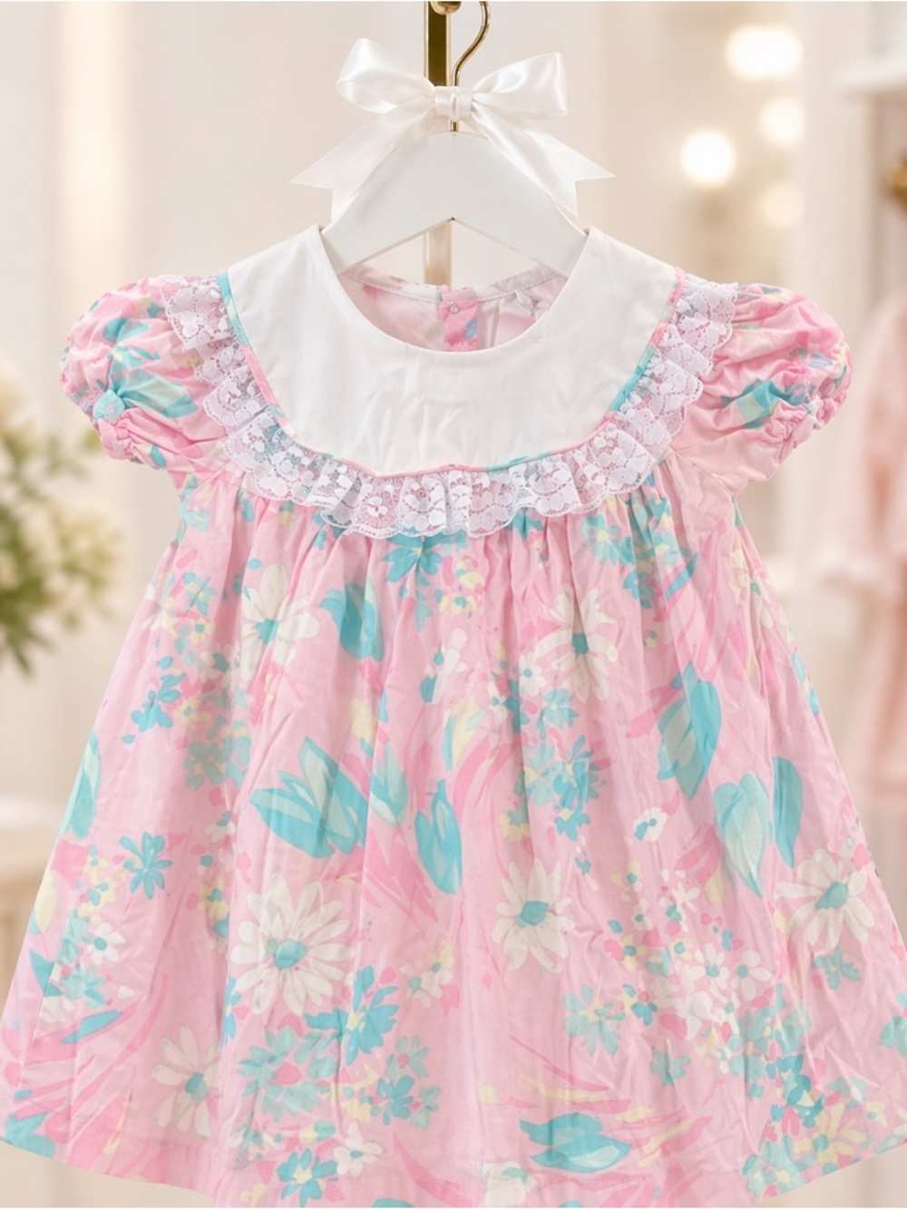 Rare Vintage Roanna Pink Floral Lace Collar Dress Girls 6 Cottagecore Heirloom